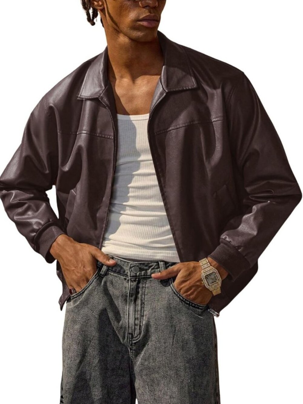 Stylish Men's Leather Bomber Jacket - Zip Up, Collared, with Pockets